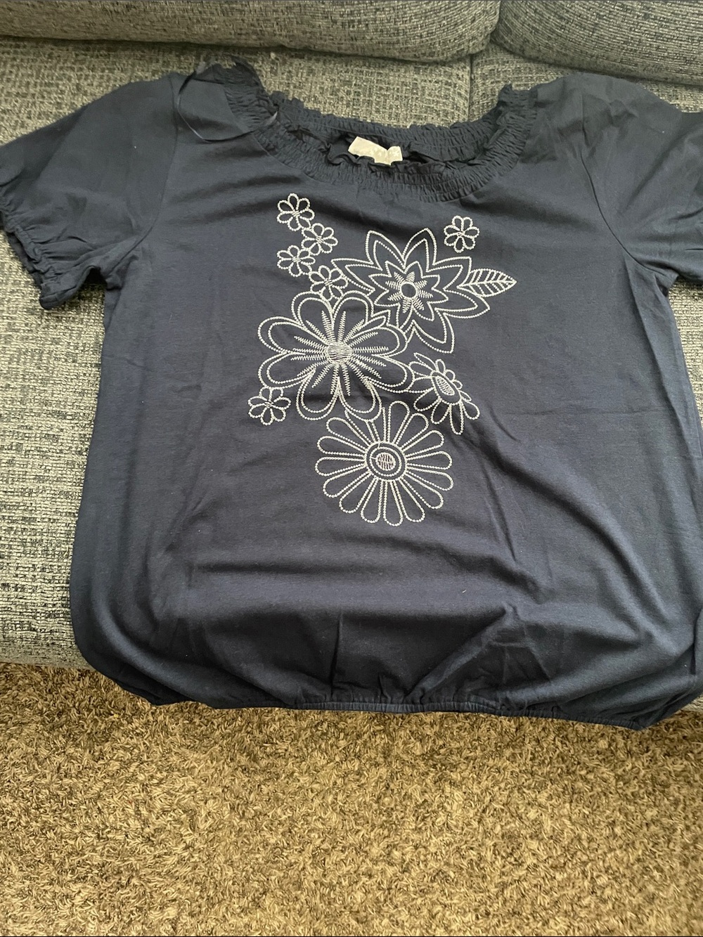 Carolyn Taylor Navy Short Sleeve Floral Embroidered Top
